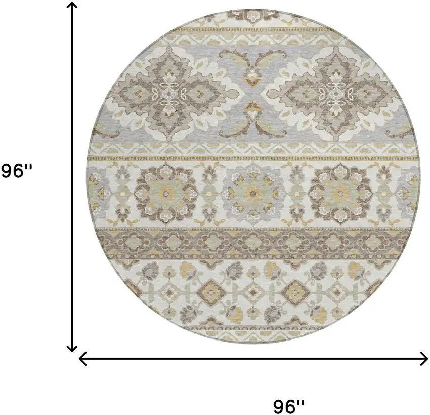 8' Ivory And Silver Round Tribal Washable Indoor Outdoor Area Rug Photo 9