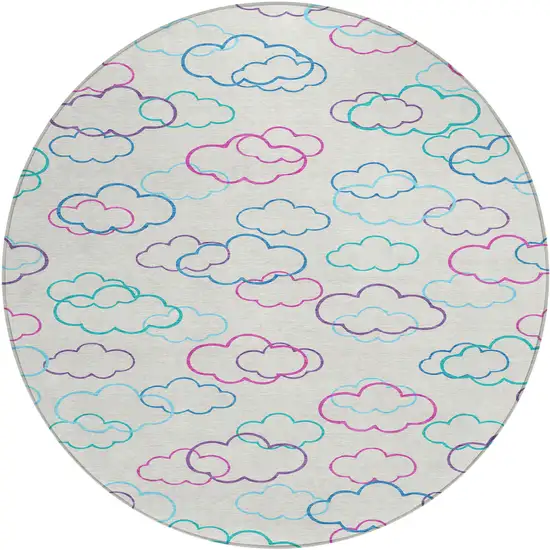 8' Ivory And Sky Blue Round Abstract Washable Indoor Outdoor Area Rug Photo 1