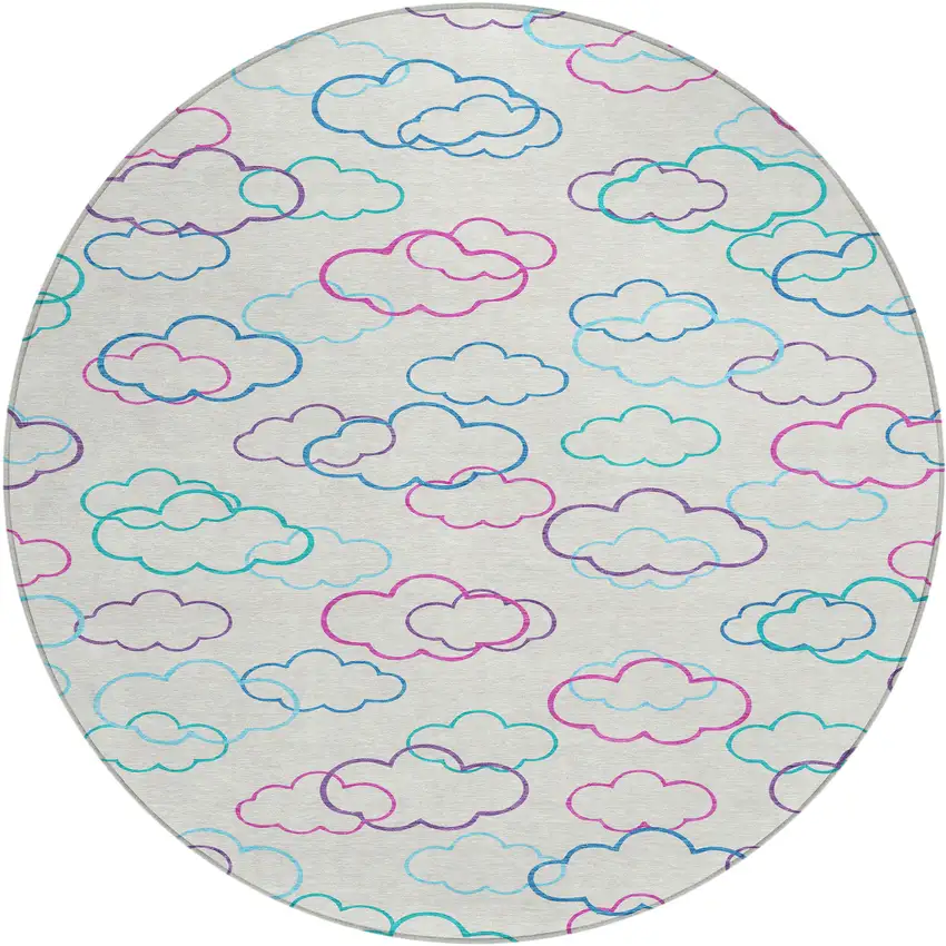 8' Ivory And Sky Blue Round Abstract Washable Indoor Outdoor Area Rug Photo 1