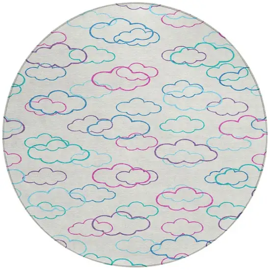 8' Ivory And Sky Blue Round Abstract Washable Indoor Outdoor Area Rug Photo 3