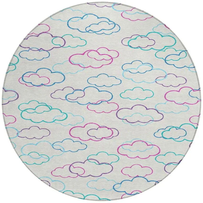8' Ivory And Sky Blue Round Abstract Washable Indoor Outdoor Area Rug Photo 3