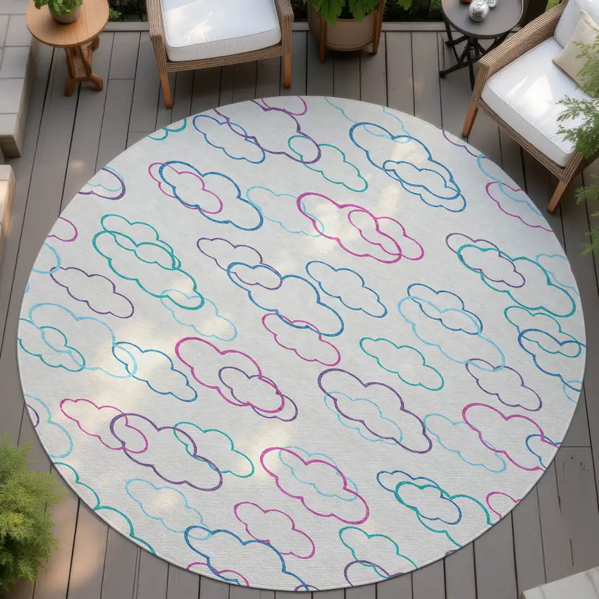 8' Ivory And Sky Blue Round Abstract Washable Indoor Outdoor Area Rug Photo 4