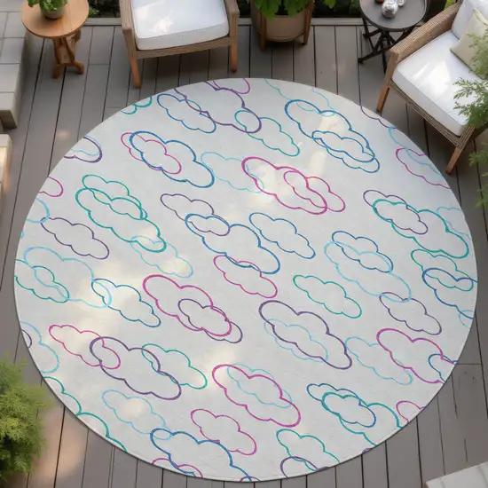 8' Ivory And Sky Blue Round Abstract Washable Indoor Outdoor Area Rug Photo 4