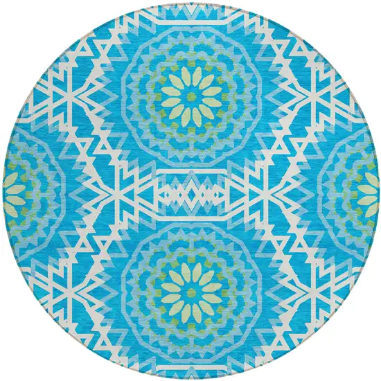 8' Ivory And Sky Blue Round Floral Medallion Washable Indoor Outdoor Area Rug Photo 2