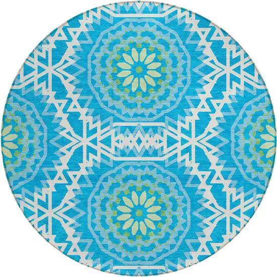 8' Ivory And Sky Blue Round Floral Medallion Washable Indoor Outdoor Area Rug Photo 2