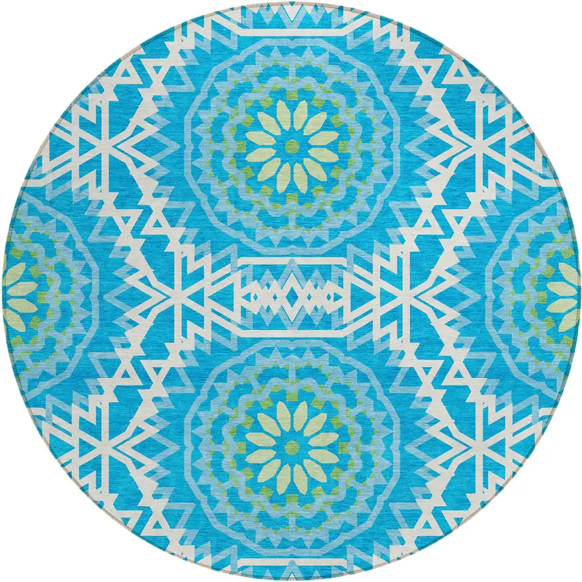 8' Ivory And Sky Blue Round Floral Medallion Washable Indoor Outdoor Area Rug Photo 2