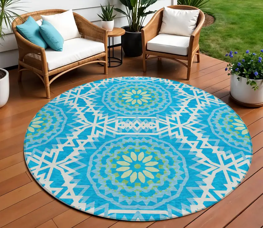 8' Ivory And Sky Blue Round Floral Medallion Washable Indoor Outdoor Area Rug Photo 1