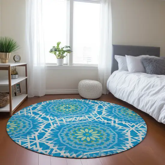 8' Ivory And Sky Blue Round Floral Medallion Washable Indoor Outdoor Area Rug Photo 7