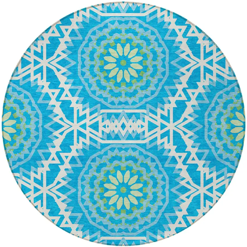 8' Ivory And Sky Blue Round Floral Medallion Washable Indoor Outdoor Area Rug Photo 5