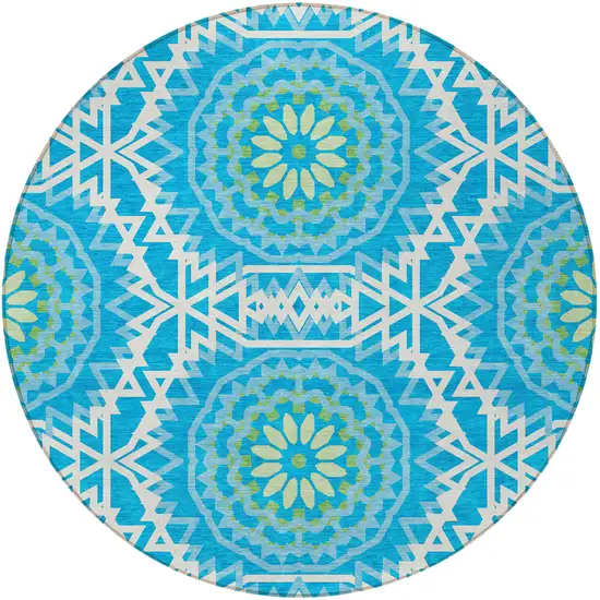 8' Ivory And Sky Blue Round Floral Medallion Washable Indoor Outdoor Area Rug Photo 5