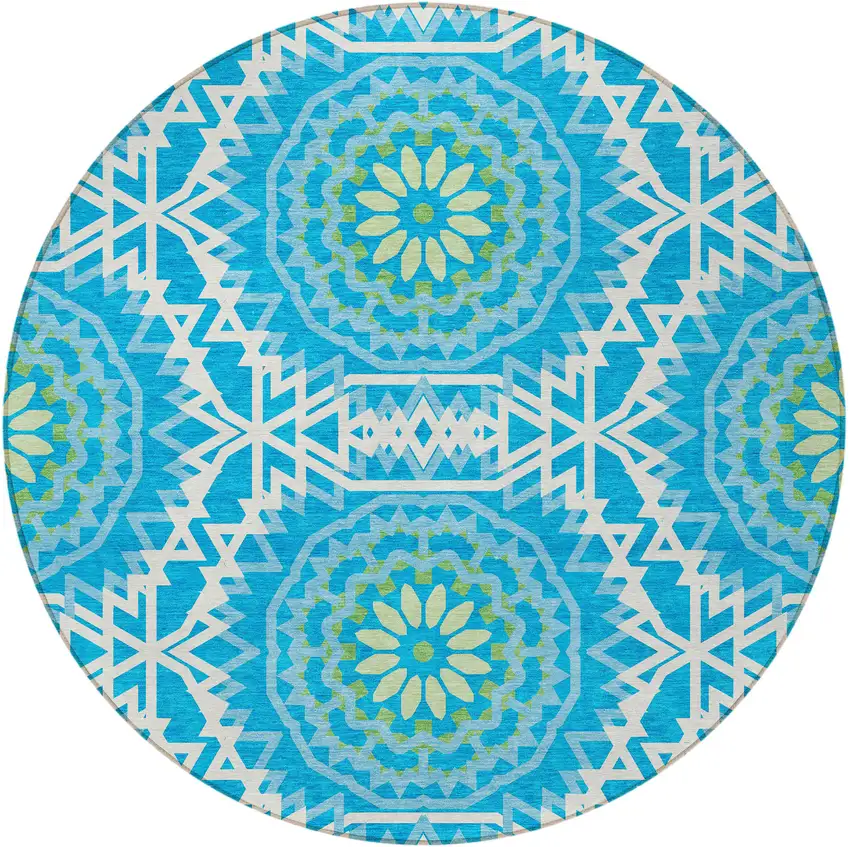 8' Ivory And Sky Blue Round Floral Medallion Washable Indoor Outdoor Area Rug Photo 5