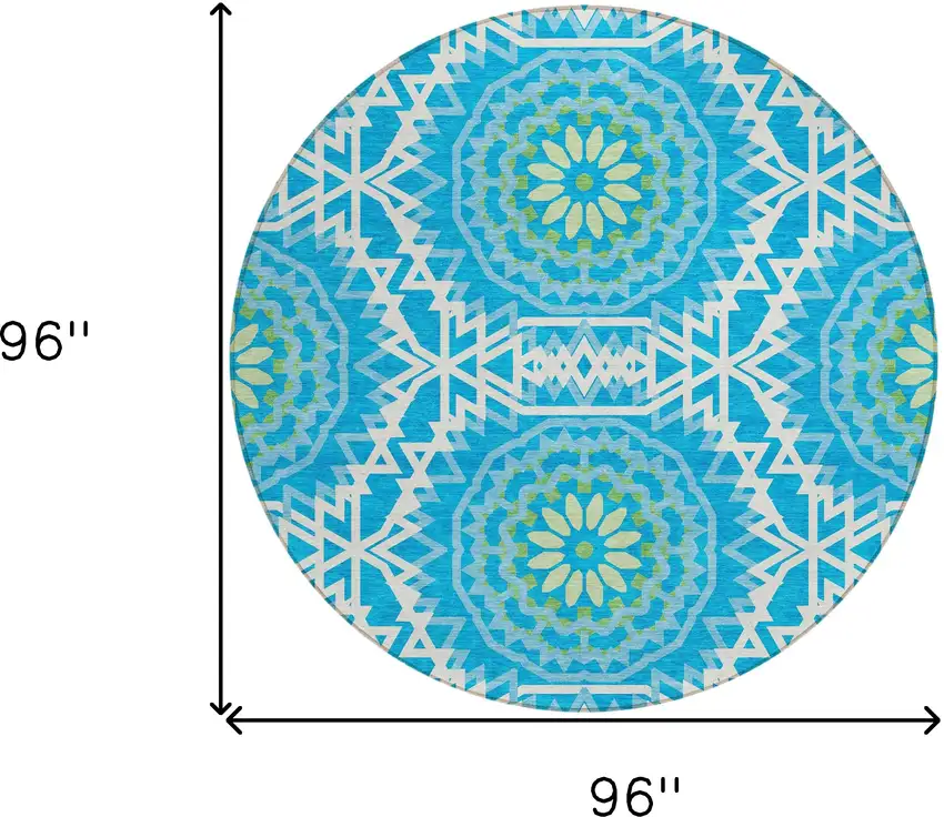 8' Ivory And Sky Blue Round Floral Medallion Washable Indoor Outdoor Area Rug Photo 3