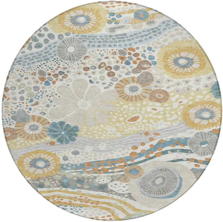 8' Ivory And Sky Blue Round Floral Washable Indoor Outdoor Area Rug Photo 2