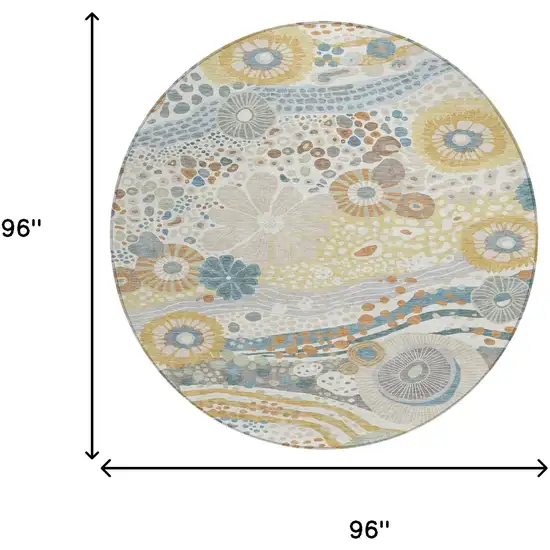 8' Ivory And Sky Blue Round Floral Washable Indoor Outdoor Area Rug Photo 7