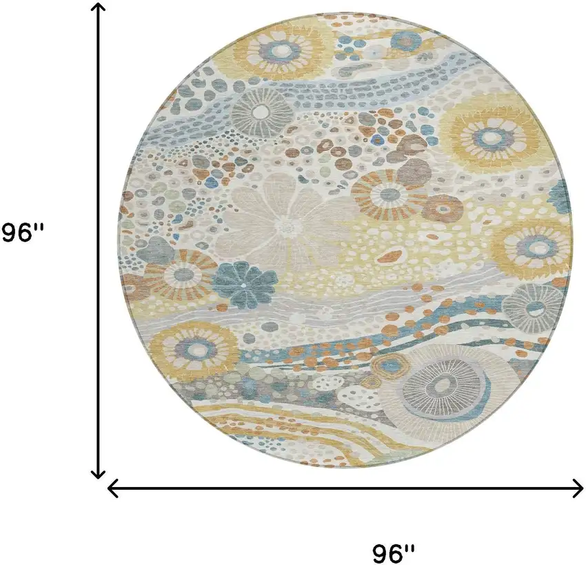 8' Ivory And Sky Blue Round Floral Washable Indoor Outdoor Area Rug Photo 7