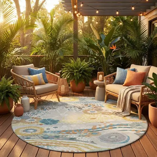 8' Ivory And Sky Blue Round Floral Washable Indoor Outdoor Area Rug Photo 1