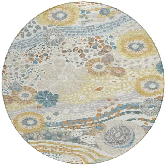 8' Ivory And Sky Blue Round Floral Washable Indoor Outdoor Area Rug Photo 4