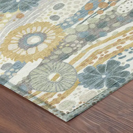 8' Ivory And Sky Blue Round Floral Washable Indoor Outdoor Area Rug Photo 5