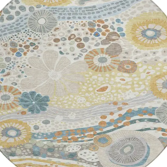 8' Ivory And Sky Blue Round Floral Washable Indoor Outdoor Area Rug Photo 3