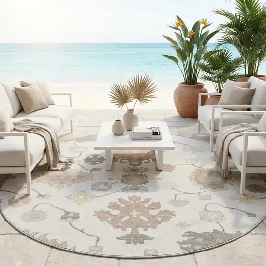 8' Ivory And Sky Blue Round Oriental Washable Indoor Outdoor Area Rug Photo 1