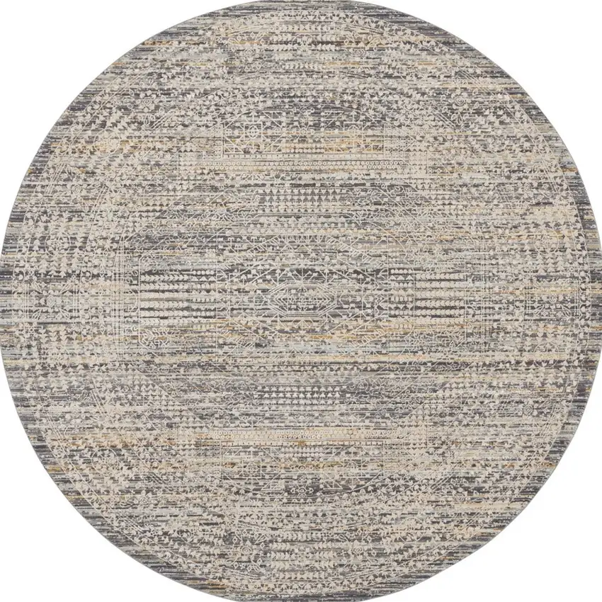 8' Ivory And Slate Gray Oriental Distressed Round Rug With Fringe Photo 3