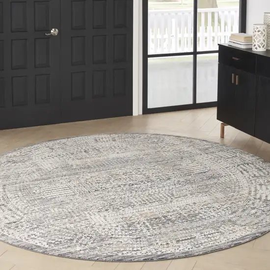8' Ivory And Slate Gray Oriental Distressed Round Rug With Fringe Photo 5