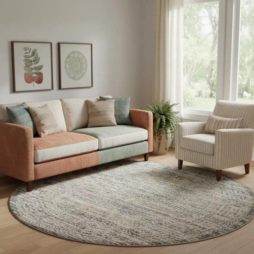 8' Ivory And Slate Gray Oriental Distressed Round Rug With Fringe Photo 1