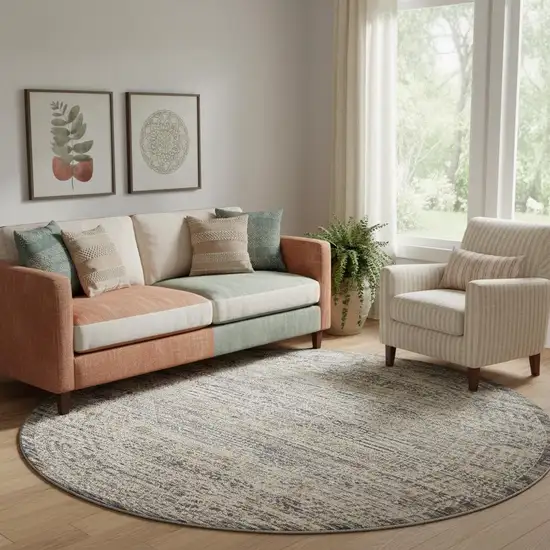 8' Ivory And Slate Gray Oriental Distressed Round Rug With Fringe Photo 1