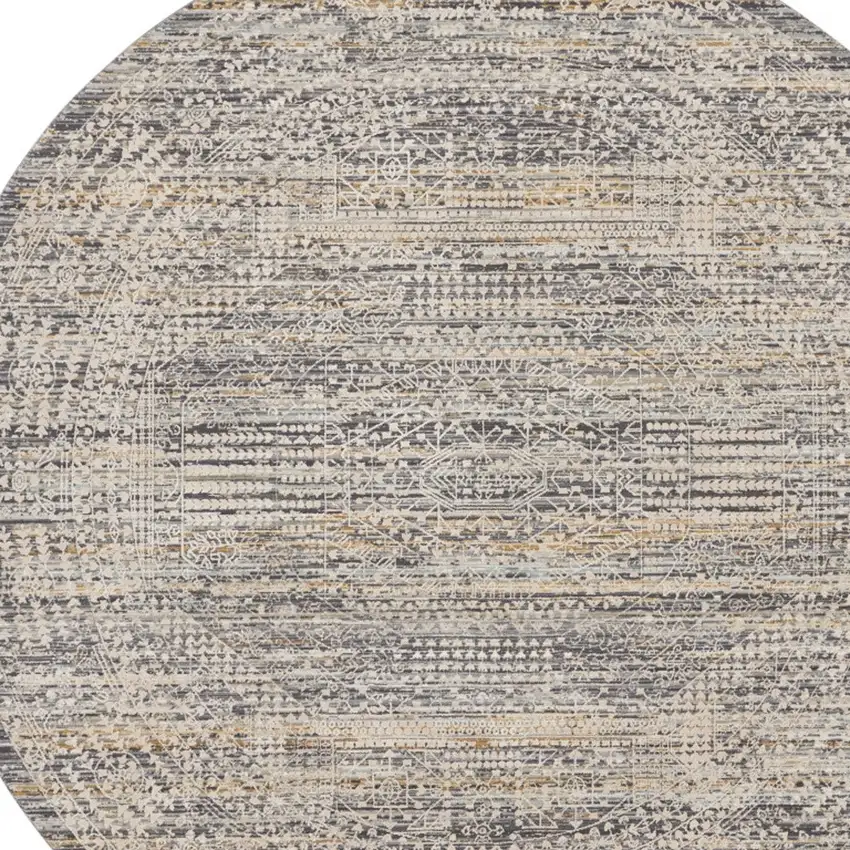 8' Ivory And Slate Gray Oriental Distressed Round Rug With Fringe Photo 7