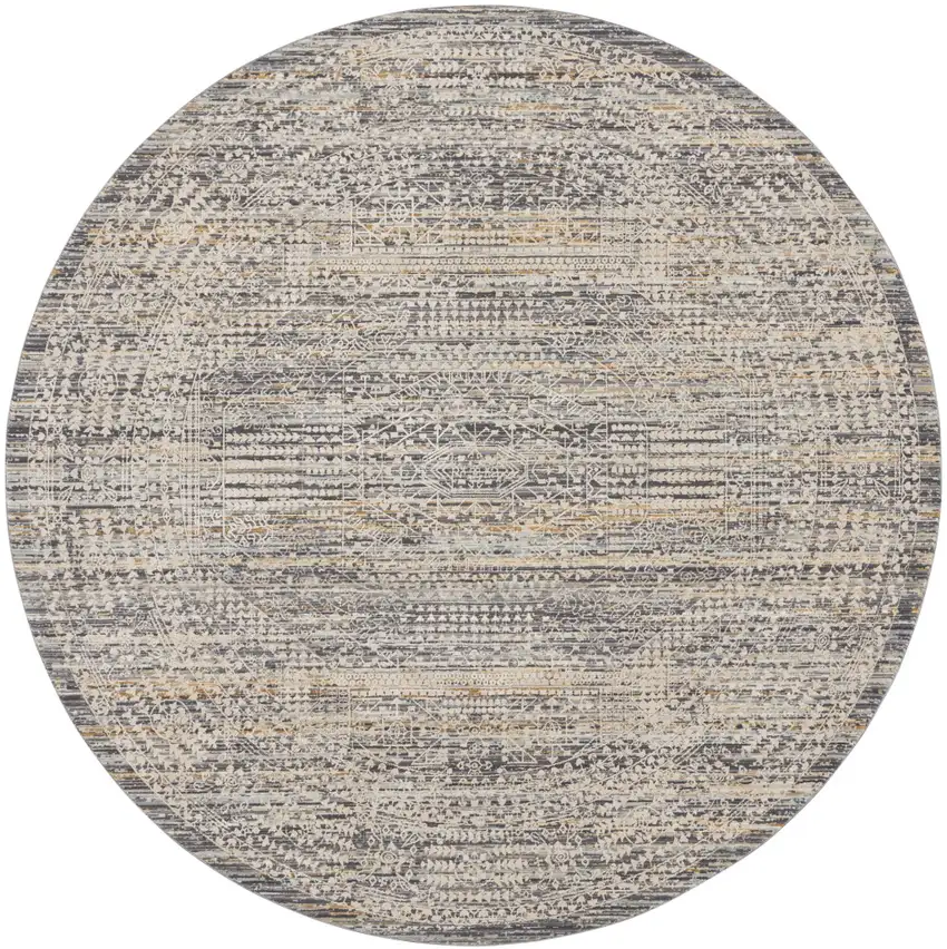 8' Ivory And Slate Gray Oriental Distressed Round Rug With Fringe Photo 4