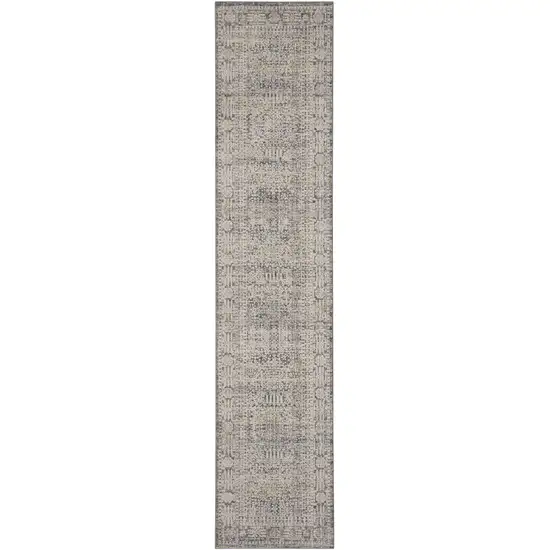 8' Ivory And Slate Gray Oriental Distressed Runner Rug With Fringe Photo 7