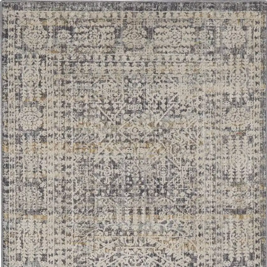 8' Ivory And Slate Gray Oriental Distressed Runner Rug With Fringe Photo 6