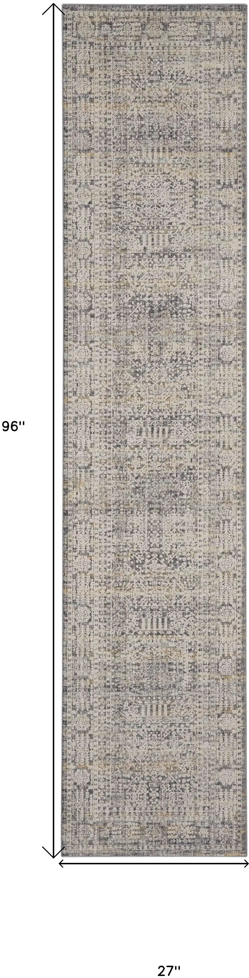8' Ivory And Slate Gray Oriental Distressed Runner Rug With Fringe Photo 3