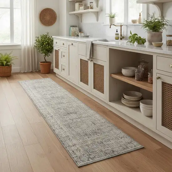 8' Ivory And Slate Gray Oriental Distressed Runner Rug With Fringe Photo 1