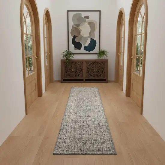 10' Ivory And Slate Gray Oriental Distressed Runner Rug With Fringe Photo 1