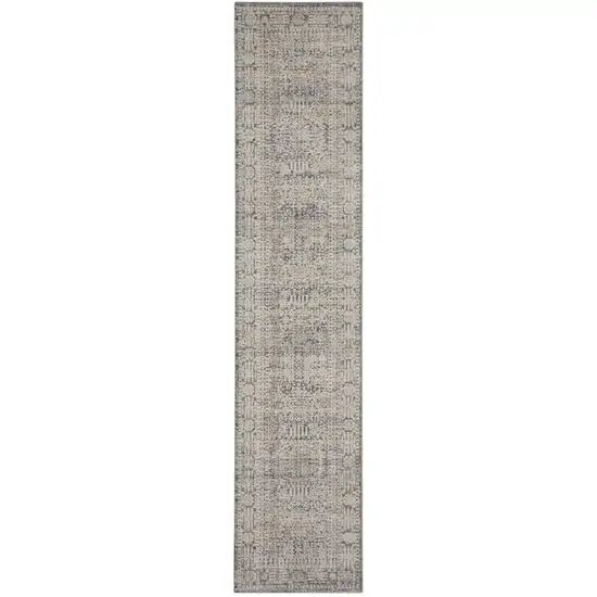 10' Ivory And Slate Gray Oriental Distressed Runner Rug With Fringe Photo 2