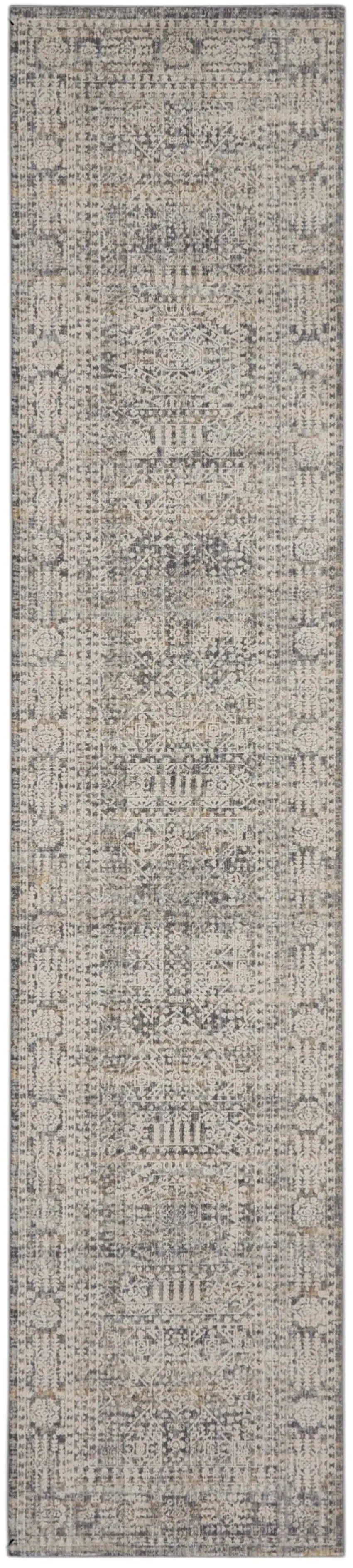 10' Ivory And Slate Gray Oriental Distressed Runner Rug With Fringe Photo 2