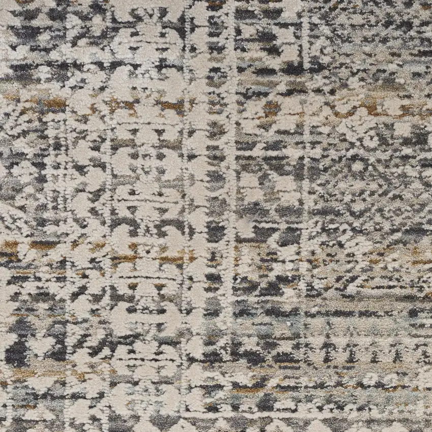10' Ivory And Slate Gray Oriental Distressed Runner Rug With Fringe Photo 5