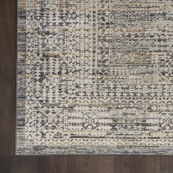 10' Ivory And Slate Gray Oriental Distressed Runner Rug With Fringe Photo 9