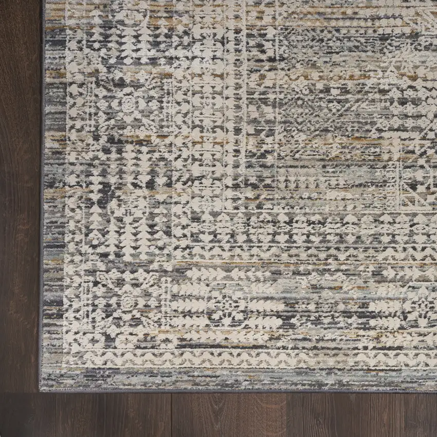 10' Ivory And Slate Gray Oriental Distressed Runner Rug With Fringe Photo 9