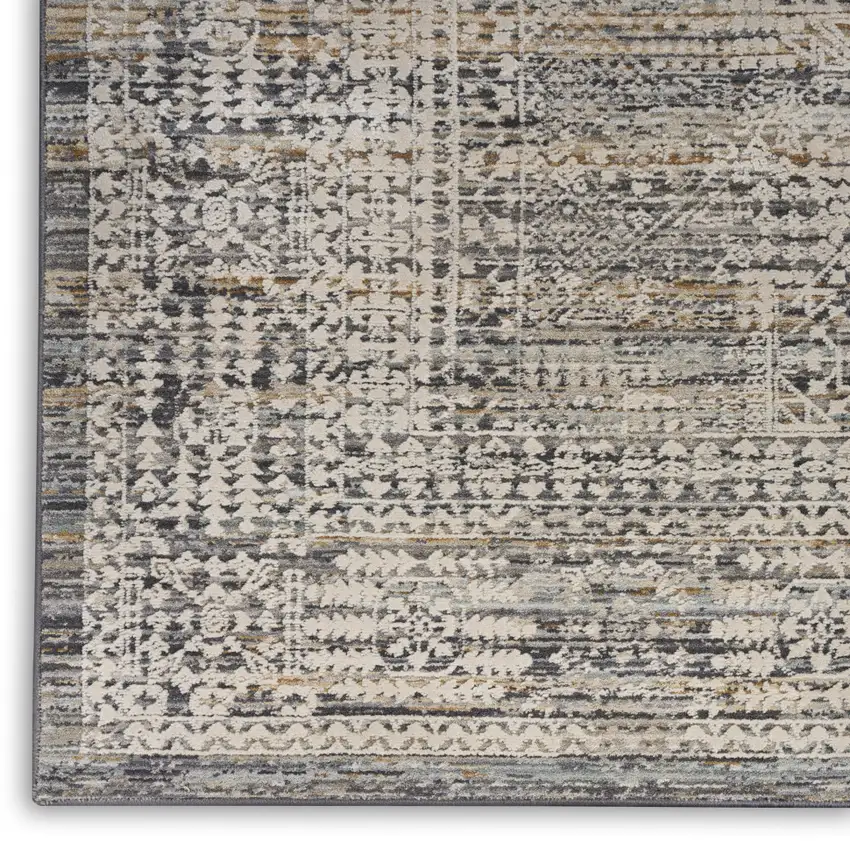 10' Ivory And Slate Gray Oriental Distressed Runner Rug With Fringe Photo 9