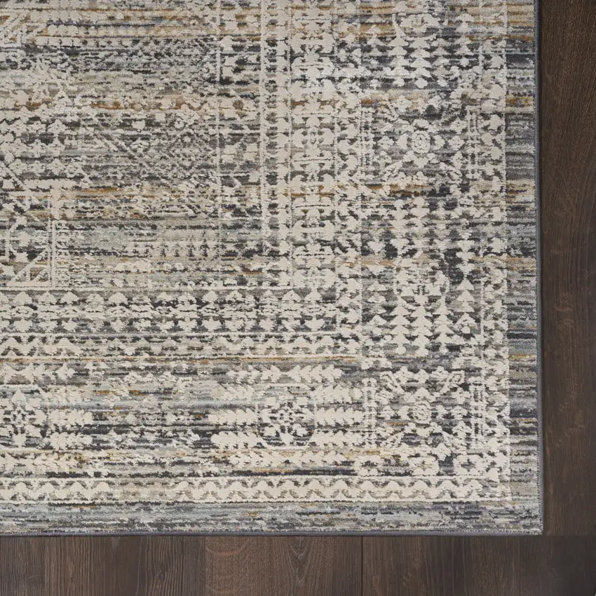 10' Ivory And Slate Gray Oriental Distressed Runner Rug With Fringe Photo 7