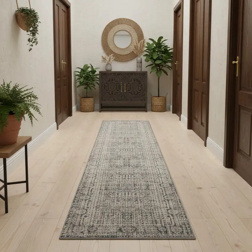 12' Ivory And Slate Gray Oriental Distressed Runner Rug With Fringe Photo 1