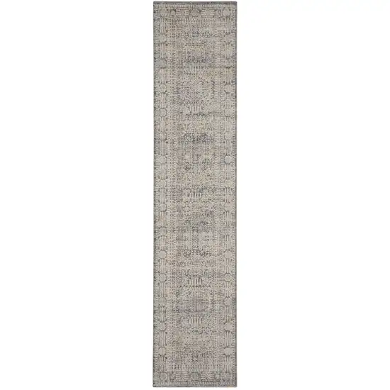 12' Ivory And Slate Gray Oriental Distressed Runner Rug With Fringe Photo 2