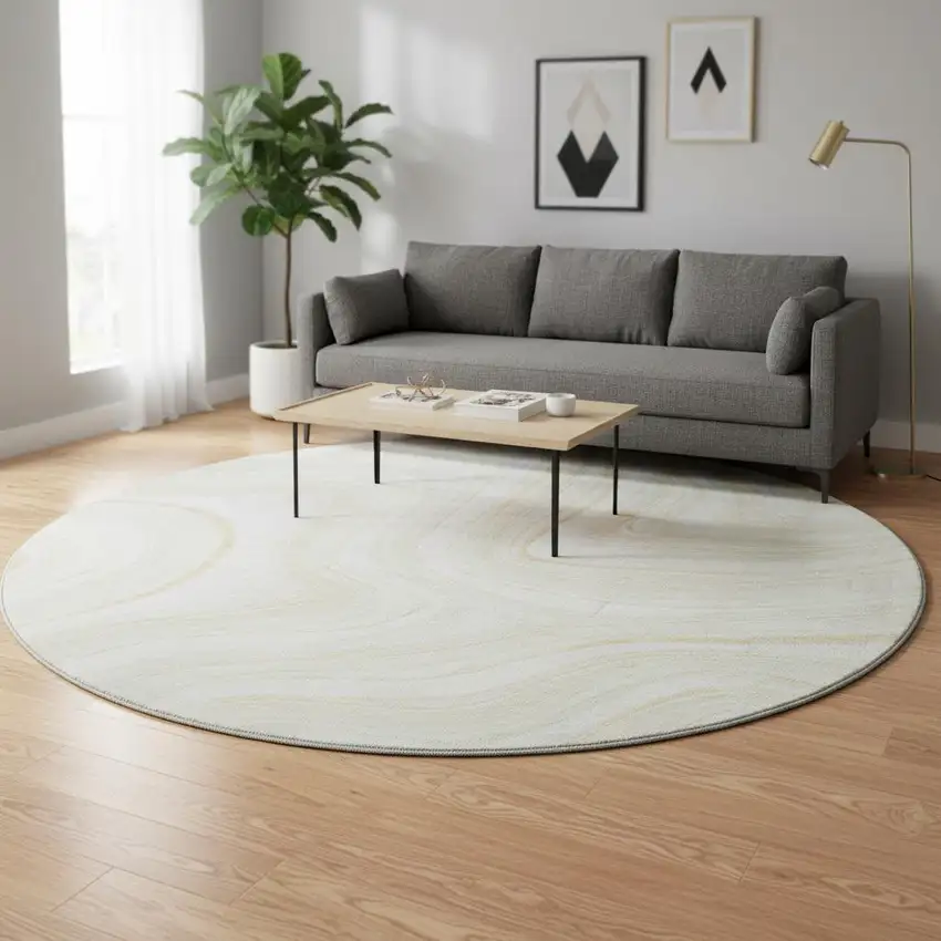 8' Ivory And Tan Marble Washable Round Rug With UV Protection Photo 2