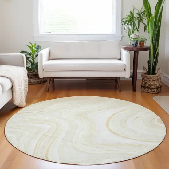 8' Ivory And Tan Marble Washable Round Rug With UV Protection Photo 5
