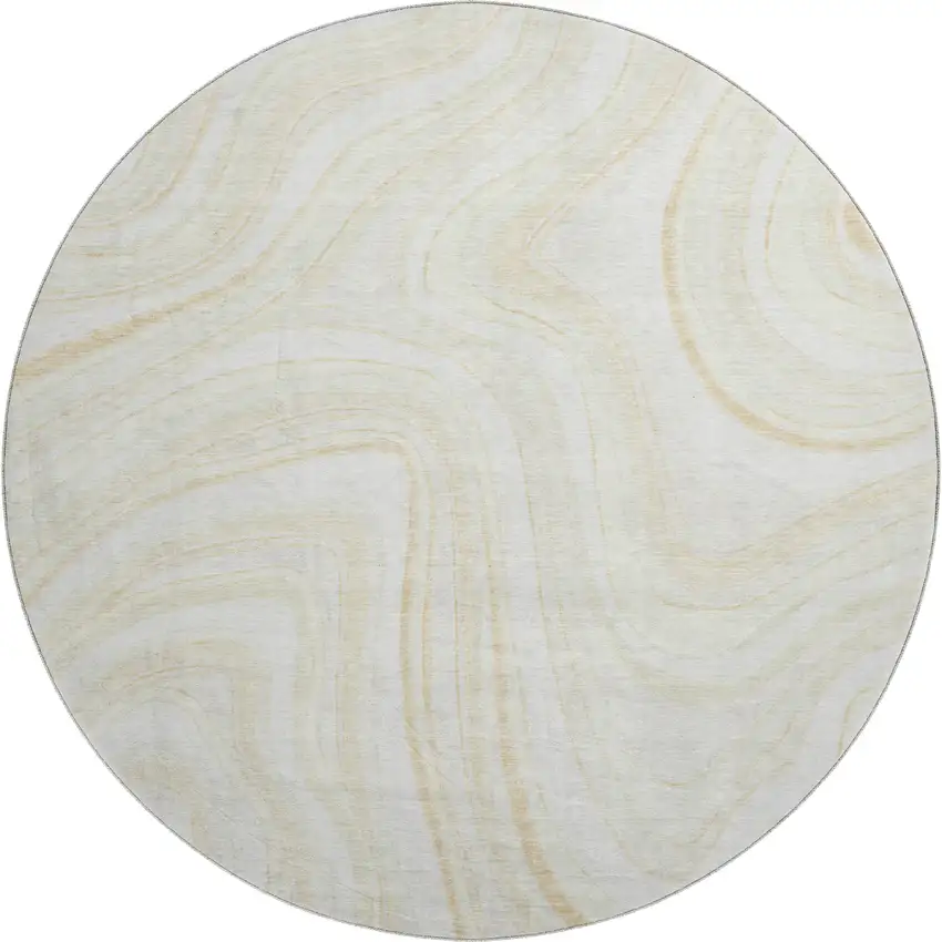 8' Ivory And Tan Marble Washable Round Rug With UV Protection Photo 1