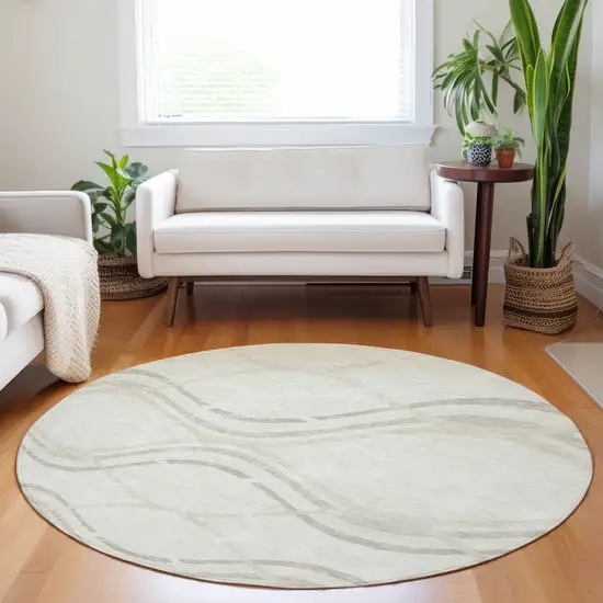8' Ivory And Taupe Abstract Washable Round Rug With UV Protection Photo 5