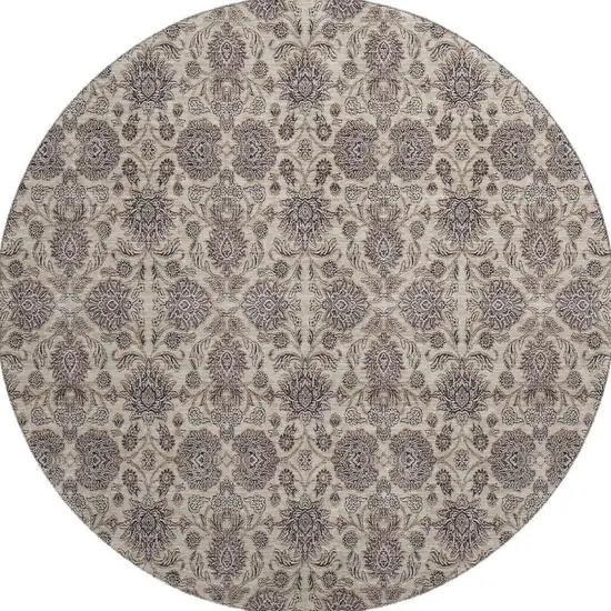 8' Ivory And Taupe Floral Washable Round Rug With UV Protection Photo 3