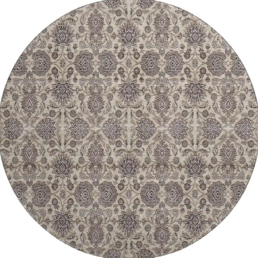 8' Ivory And Taupe Floral Washable Round Rug With UV Protection Photo 3